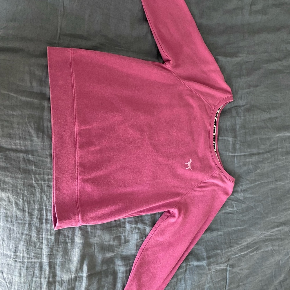 Open back Victoria's Secret pink scoop sweatshirt with dog on corner